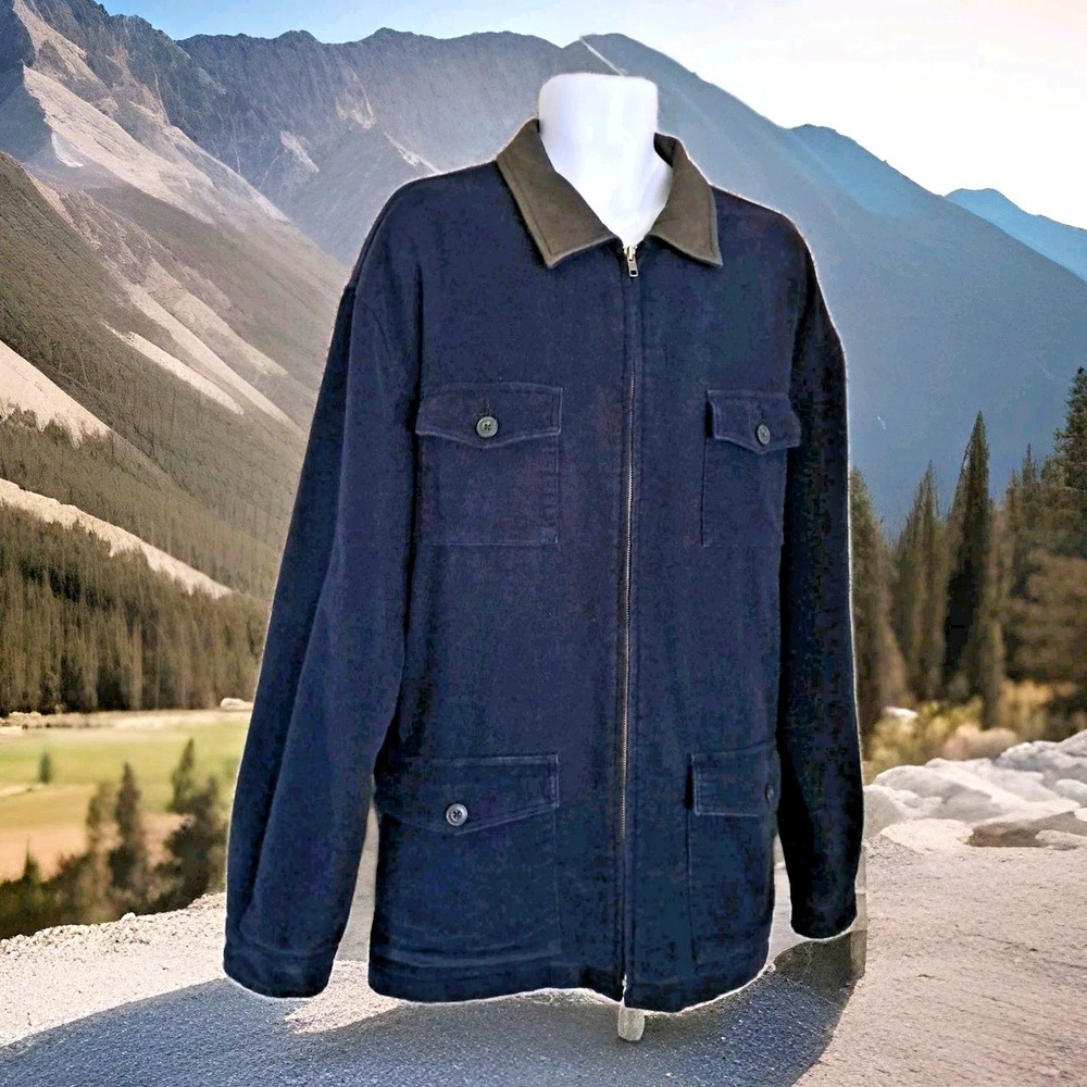 Gap Chore Coat XL Blue~Leather Collar Full Zip Quilted Lining Pockets Field Barn